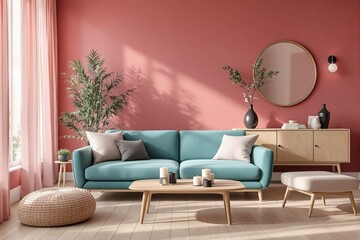 Un salon raffiné et lumineux au style minimaliste et élégant. Un canapé aux lignes épurées est placé contre un mur clair, flanqué de coussins ton sur ton. Deux tableaux géométriques encadrés décorent