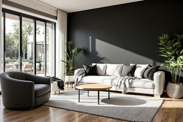Un salon raffiné et lumineux au style minimaliste et élégant. Un canapé aux lignes épurées est placé contre un mur clair, flanqué de coussins ton sur ton. Deux tableaux géométriques encadrés décorent