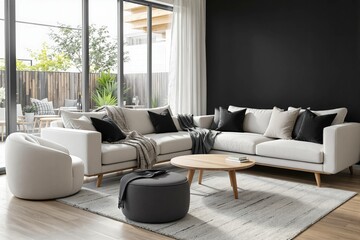 Un salon raffiné et lumineux au style minimaliste et élégant. Un canapé aux lignes épurées est placé contre un mur clair, flanqué de coussins ton sur ton. Deux tableaux géométriques encadrés décorent