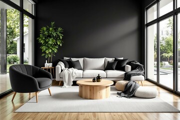 Un salon raffiné et lumineux au style minimaliste et élégant. Un canapé aux lignes épurées est placé contre un mur clair, flanqué de coussins ton sur ton. Deux tableaux géométriques encadrés décorent