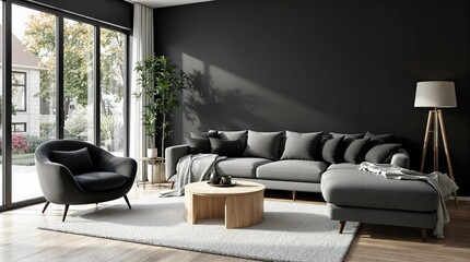 Un salon raffiné et lumineux au style minimaliste et élégant. Un canapé aux lignes épurées est placé contre un mur clair, flanqué de coussins ton sur ton. Deux tableaux géométriques encadrés décorent