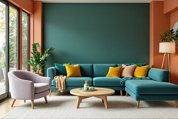 Un salon raffiné et lumineux au style minimaliste et élégant. Un canapé aux lignes épurées est placé contre un mur clair, flanqué de coussins ton sur ton. Deux tableaux géométriques encadrés décorent