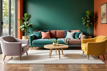 Un salon raffiné et lumineux au style minimaliste et élégant. Un canapé aux lignes épurées est placé contre un mur clair, flanqué de coussins ton sur ton. Deux tableaux géométriques encadrés décorent