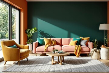 Un salon raffiné et lumineux au style minimaliste et élégant. Un canapé aux lignes épurées est placé contre un mur clair, flanqué de coussins ton sur ton. Deux tableaux géométriques encadrés décorent
