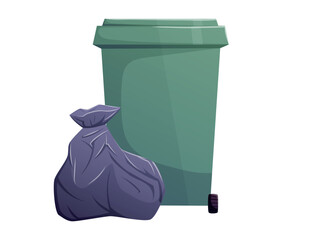 Green outdoor trash bin with full garbage bag, vector cartoon isolated illustration of waste management, recycling, sanitation, or urban cleanliness for infographics, banners, service materials.