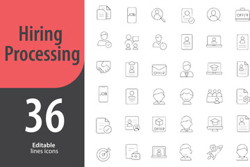 Hiring Process Line Icons, Job Posting, Resume Review, Interview, Shortlisting, Offer Letter, Editable Formats: AI, EPS, PNG, Ideal for Both UI and Print Media Use
