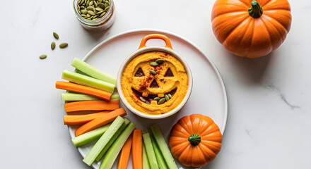Pumpkin Hummus Dip with Celery and Carrot Sticks
