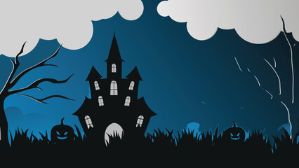 A spooky haunted house with pumpkins and bare trees under a cloudy night sky illustration scene