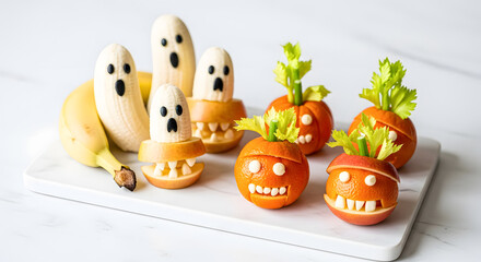 Funny Halloween Fruit Snacks with Banana Ghosts and Pumpkin Faces
