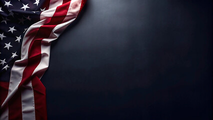 Photo of american flag waving on a dark background with copy space