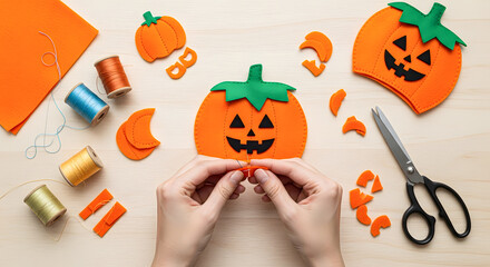 Hands Assembling Halloween Pumpkin Felt Decoration
