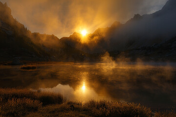 Early morning fog rising from a mountain lake as the sun begins to rise, casting a serene, golden glow across the water and surrounding peaks