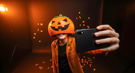 Man Taking Selfie Wearing Jack-o’-Lantern Pumpkin Mask
