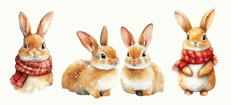 Christmas watercolor rabbits with red scarf winter vector illustration