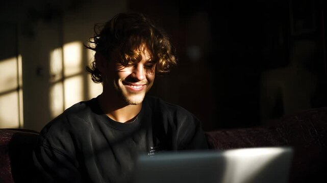 Student taking an online test on a laptop in a sunlit room