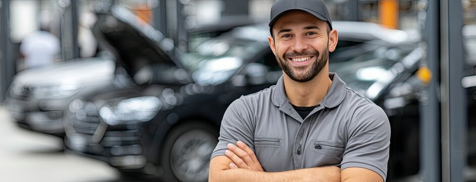 Professional mechanic stands confidently near open hood of black car in bright setting, showcasing skills and dedication to automotive repair work