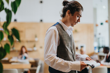 A man wearing a vest and white shirt reads a magazine in a bright and natural co working space,...