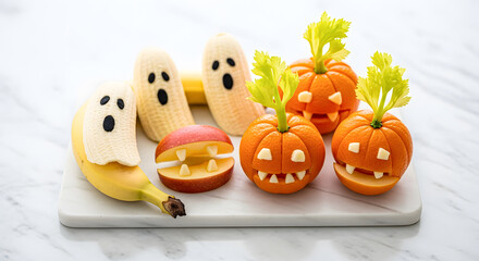 Healthy Halloween Fruit Snacks with Banana Ghosts and Pumpkins
