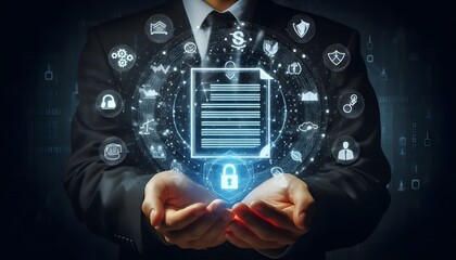 Digital compliance and data security concept with a holographic document surrounded by legal and regulatory icons, protected by hands in a dark background.