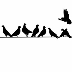 Vector silhouette of a group of pigeons perched on a power line on a white background.