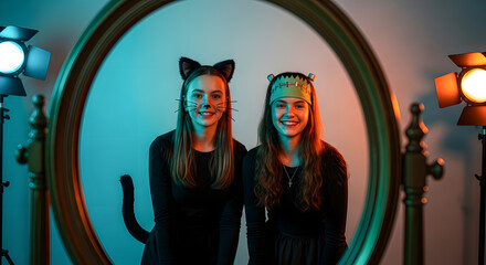 Girls in Halloween Costumes Smiling in Front of Mirror
