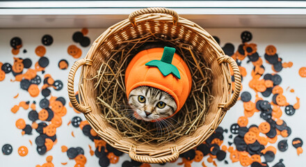 Cute Kitten Wearing Pumpkin Hat Inside Wicker Basket
