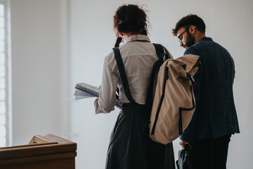 Two students engage in a discussion with a professor in an academic setting, representing...