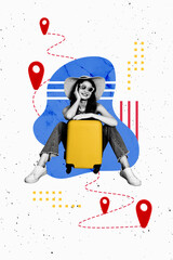 Image vertical artwork collage of happy girl sit map geolocation route hold valise summer adventure...