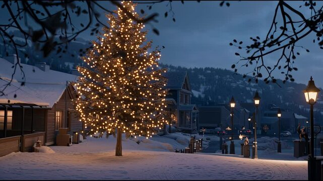Beautifully Lit Christmas Tree in Snowy Village Square with Charming Houses and Glowing Street Lamps Creating Warm and Festive Winter Night Atmosphere with Snow and Lights