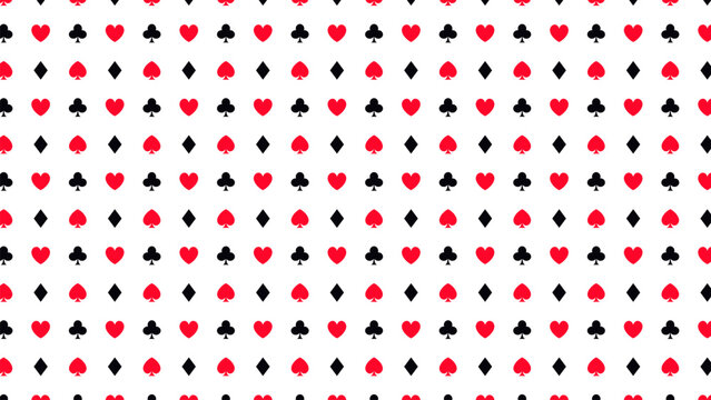 Seamless Poker Suits Pattern with Hearts, Spades, Clubs, Diamonds on White Casino Background