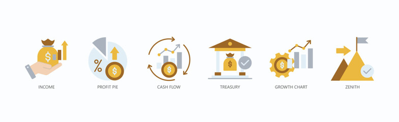 Financial Mastery Icon Set Isolated Vector With Icon Of Income, Profit Pie, Cash Flow, Treasury, Growth Chart, Zenith In Flat Style