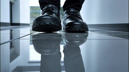 Reflections of polished black boots on a white floor with high contrast lighting and clean background. 