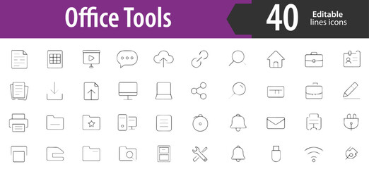 Office Tools Line Icons, Laptop, Calculator, Clipboard, Pen, Document, Editable Formats: AI, EPS, PNG, Ideal for Both UI and Print Media Use
