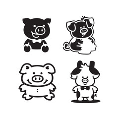 Piggy piglet pig swine animal farm livestock pork mammal cute cartoon vector illustration icon set