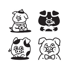 Cute pig cartoon animal illustration vector graphic drawing design character funny adorable farm black and white