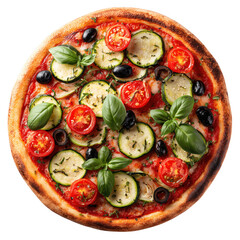 Delicious pizza with fresh vegetables zucchini tomatoes basil and olives on transparent background