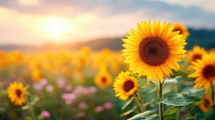 Fototapeta premium Golden sunflowers in a field at sunset.