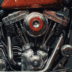 Close-up of motorcycle engine parts - gears and pistons visible, with oil stains, showing intricate mechanical details.