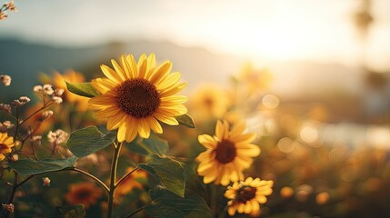 Golden sunflowers in a field at dawn.