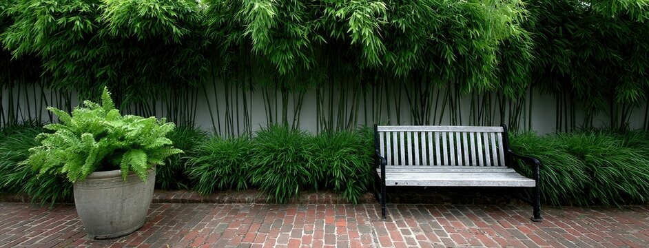 Bamboo forest path featuring a wooden park bench in a tranquil outdoor setting during autumn
