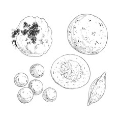 Vector hand-drawn illustration of the process of making cheese pies from dill dough. Sketches of baking preparation stages.
