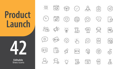 Product Launch Line Icons, Rocket, Marketing Campaign, Press Release, Launch Date, Product Demo, Editable Formats: AI, EPS, PNG, Ideal for Both UI and Print Media Use
