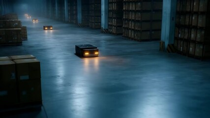 Robotic warehouse with auto guided vehicles transporting inventory - Powered by Adobe
