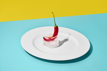 Red chili pepper frozen inside ice cube on white plate with vibrant background. Concept of spicy food, visual metaphor, culinary contrast, surreal pop art marketing and advertising use.