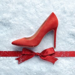 High-heel shoe in red suede on a snowy background with a holiday ribbon, fashion item in Christmas ad style