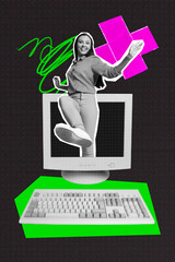 Sketch image 3d pop art banner collage of happy businesswoman peek pc monitor screen stand keypad desktop office programmer