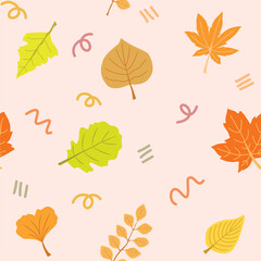 Obraz premium abstract autumn leaf pattern in soft pastel color, whimsical fall leaves abstract design - seamless vector with yellow, orange, green foliage on warm blush, coral, sky, lilac, buttercup background