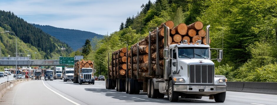 Trucks transporting stacked tree trunks on a highway in Europe under a clear sunny sky