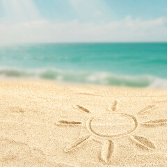 Close-up of golden sand with sun shape drawn in the sand, space for product placement, turquoise sea and blue sky in tropical beach background – summer travel concept