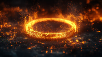 Fiery ring of energy and sparks on dark textured surface